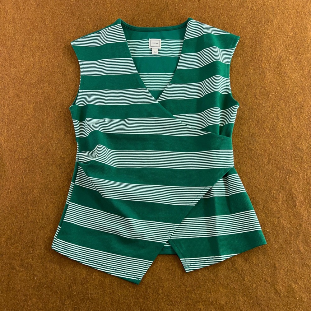 Maeve Womens Size Medium Green White Striped Faux Wrap Sleeveless Blouse New
